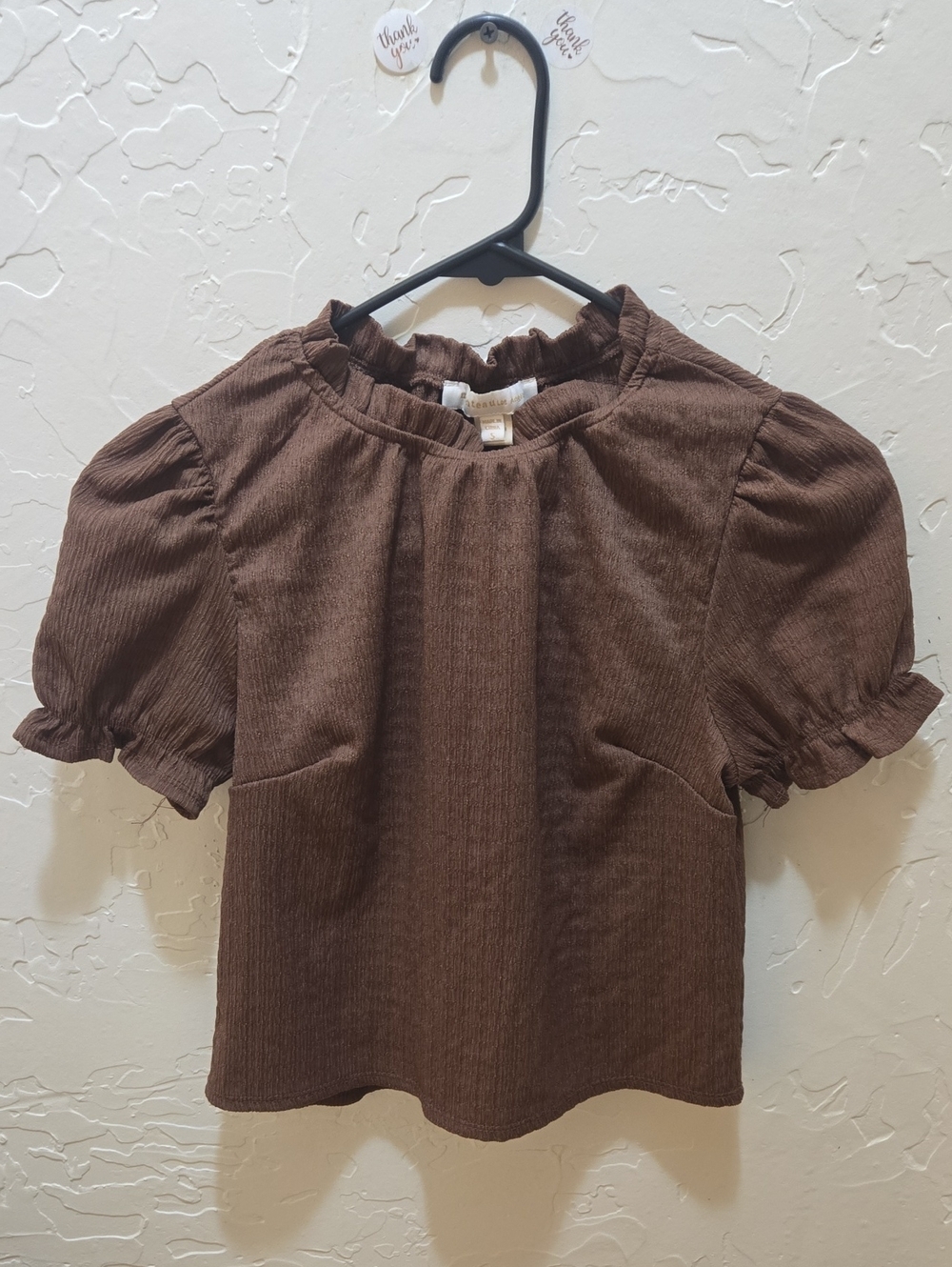 Monteau Brown Puff Sleeve Ribbed Blouse